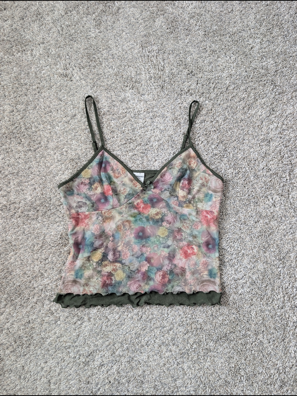 Floral Mesh Cami Tank Top in Olive Trim